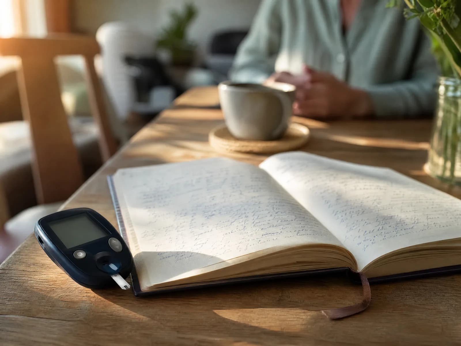 Blutzuckermessgerät und ein Notizheft auf einem Tisch