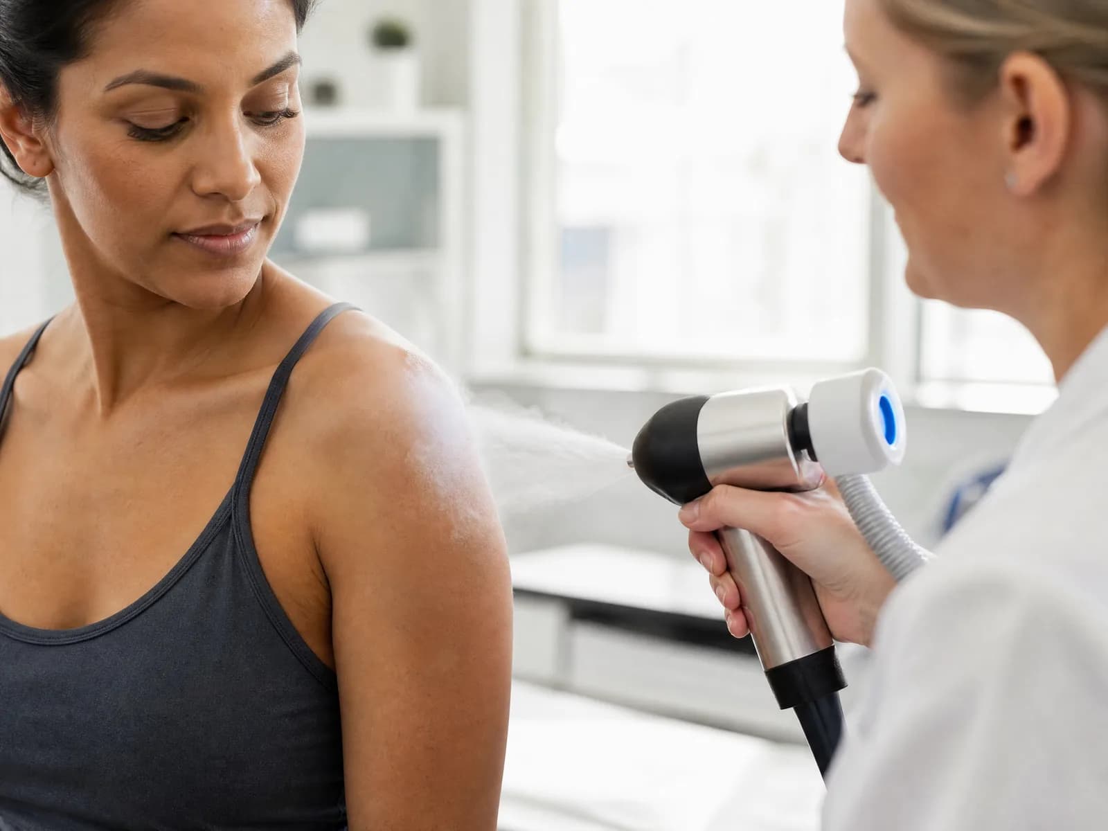 Applikator eines Kältetherapiegeräts mit austretendem Kältenebel